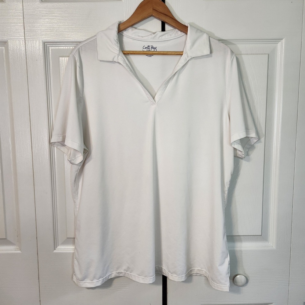 Coral Bay Golf Womens 1X White Striped Short Sleeve V-Neck Polo‎ Shirt Preppy